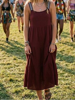 Zara Burgundy Cotton Gauze Tiered Maxi Dress XS Sleeveless Maroon Boho Prairie